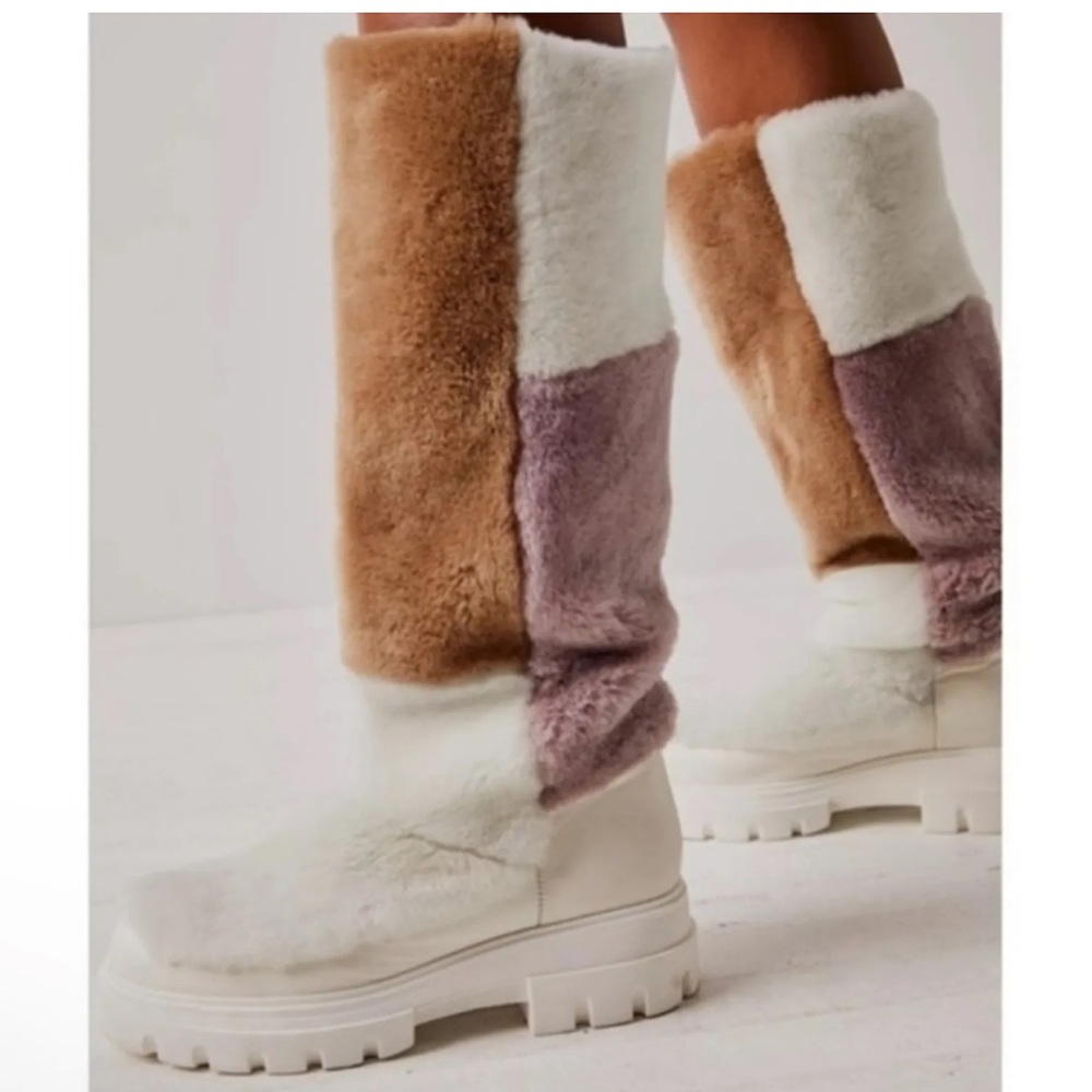 New Free People Fur Patchwork Colorblock Tall Leather 7.5 White Purple Boots - Picture 4 of 8